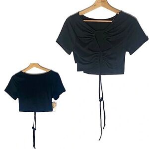 NWT 'Hmong Butterfly Shop' Tie-Back Black Crop Top